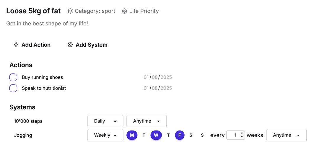 Goal setting example in Timelytics